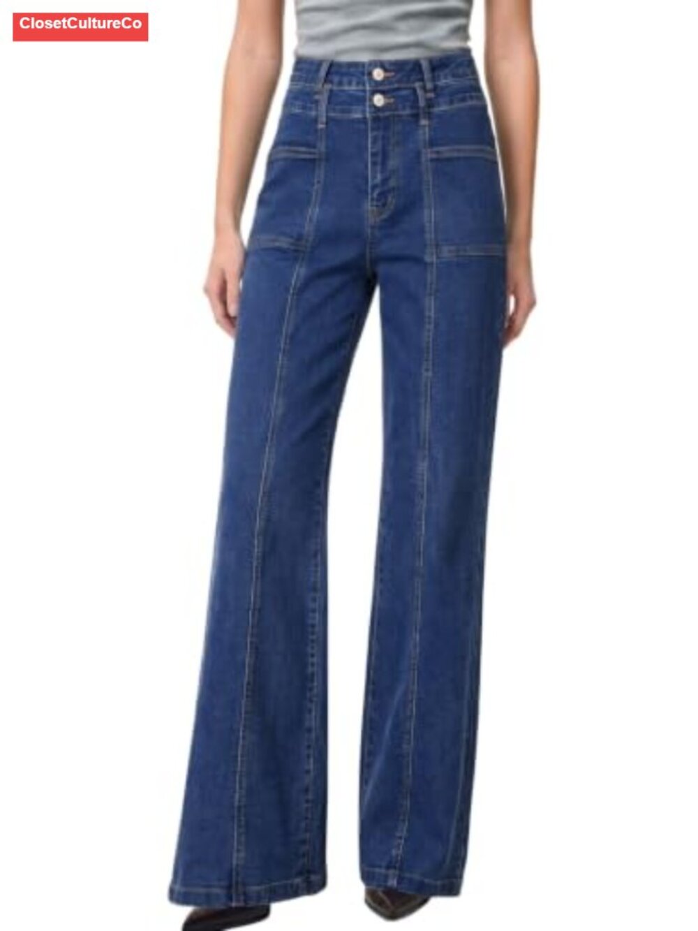 Women's High Waisted Wide Leg Jeans Tummy Control Double Button Denim Pants